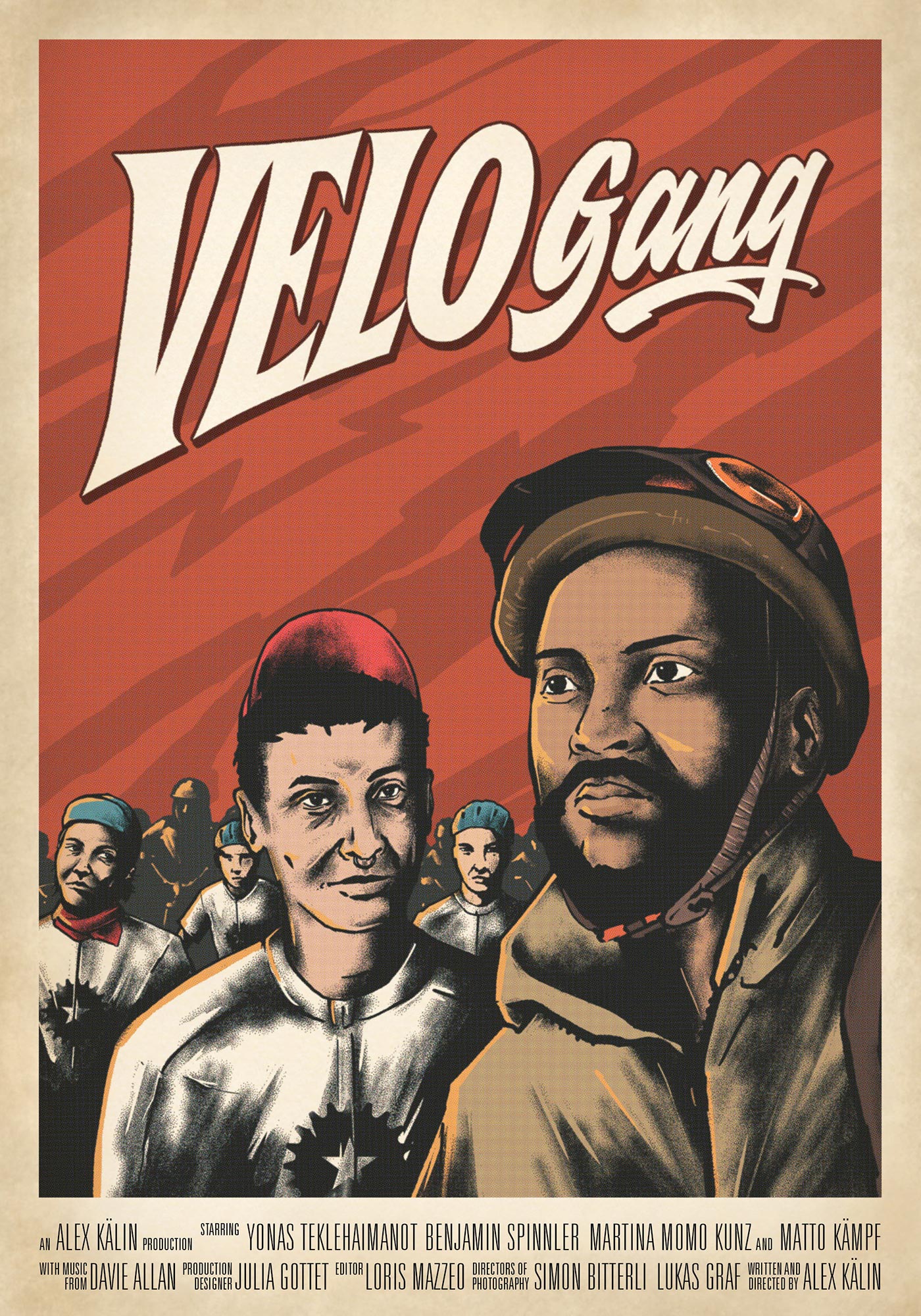 The movie poster for velo gang shows a few illustrator bike-couriers. On top of them, the film tilte in big letters